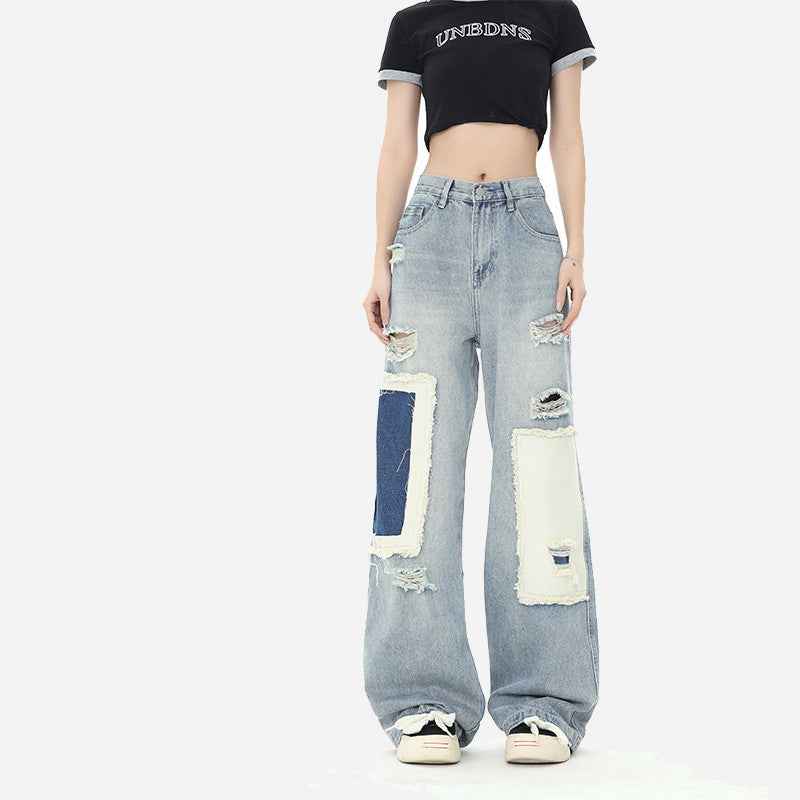 American-style Distressed Straight Casual Jeans For Women MuddyStock