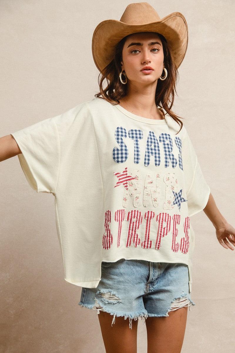 Mix And Match Stars And Stripes Patchwork Short Sleeve T-Shirt For Women