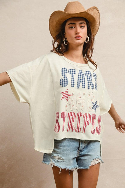 Mix And Match Stars And Stripes Patchwork Short Sleeve T-Shirt For Women