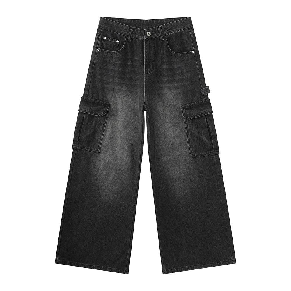Wide-leg Multi-pocket Straight-leg Work Pants For Men Black And Gray