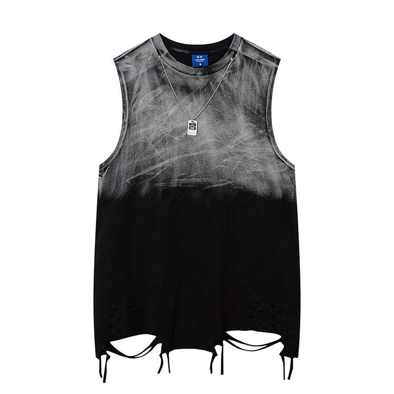 Tie-dye Gradient Ripped Necklace Vest For Men And Women Black MuddyStock
