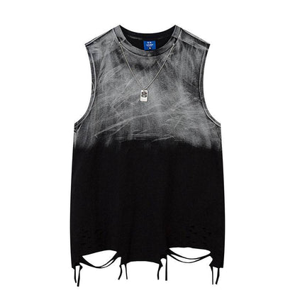 Tie-dye Gradient Ripped Necklace Vest For Men And Women Black MuddyStock