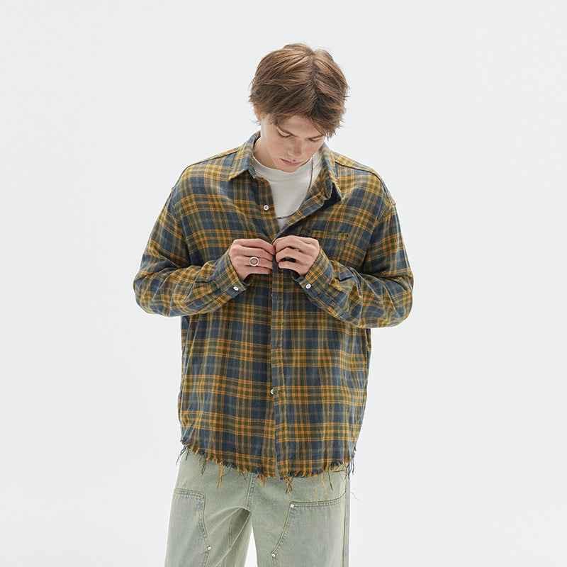 Vintage Brushed Plaid Long Sleeve Shirt For Men null