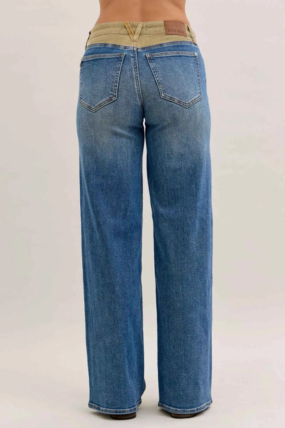 Judy Blue MR Column Straight Jeans with Corduroy Waist For Women Trendsi