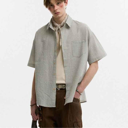 Seersucker Lapel Plaid Shirt For Men null