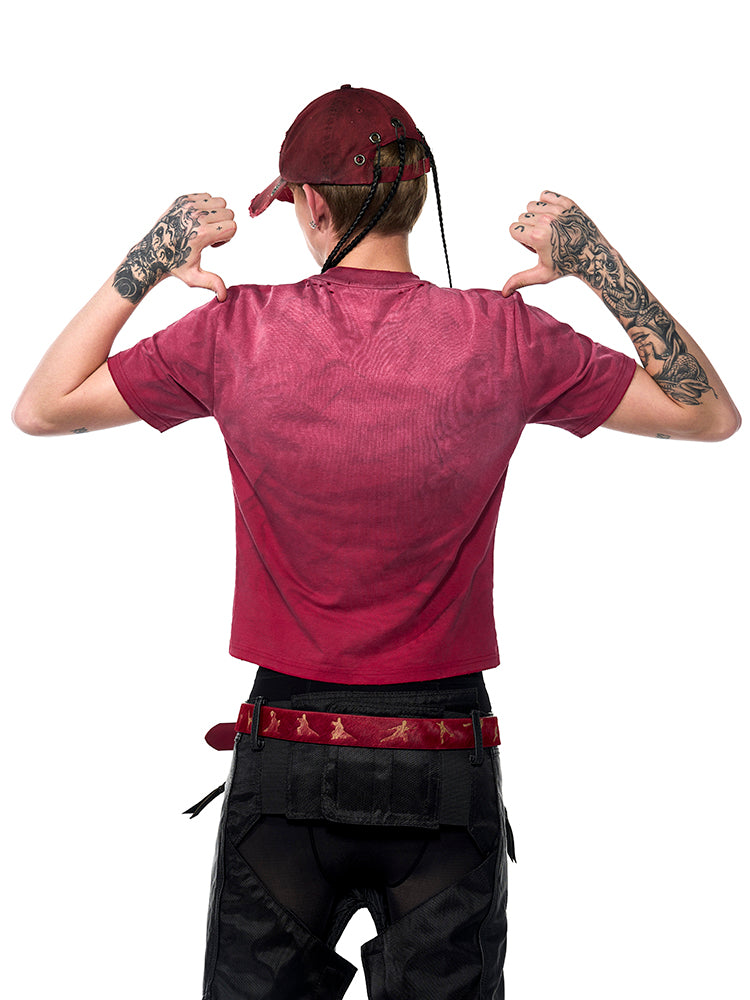 Men's Summer Spray Dirty Washed Distressed Slim-fit Red Short Sleeve T-shirt