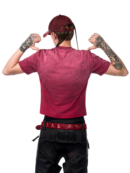 Men's Summer Spray Dirty Washed Distressed Slim-fit Red Short Sleeve T-shirt