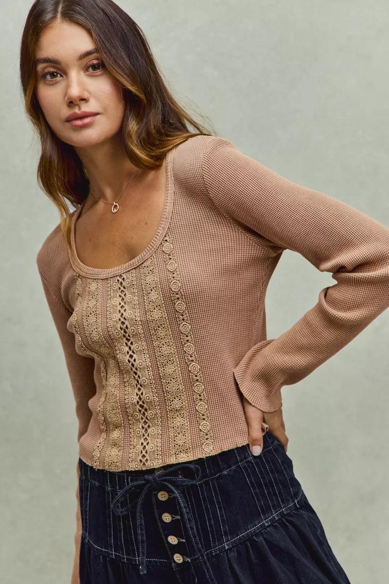 Vintage Washed Lace Crop Thermal Washed Knit Top