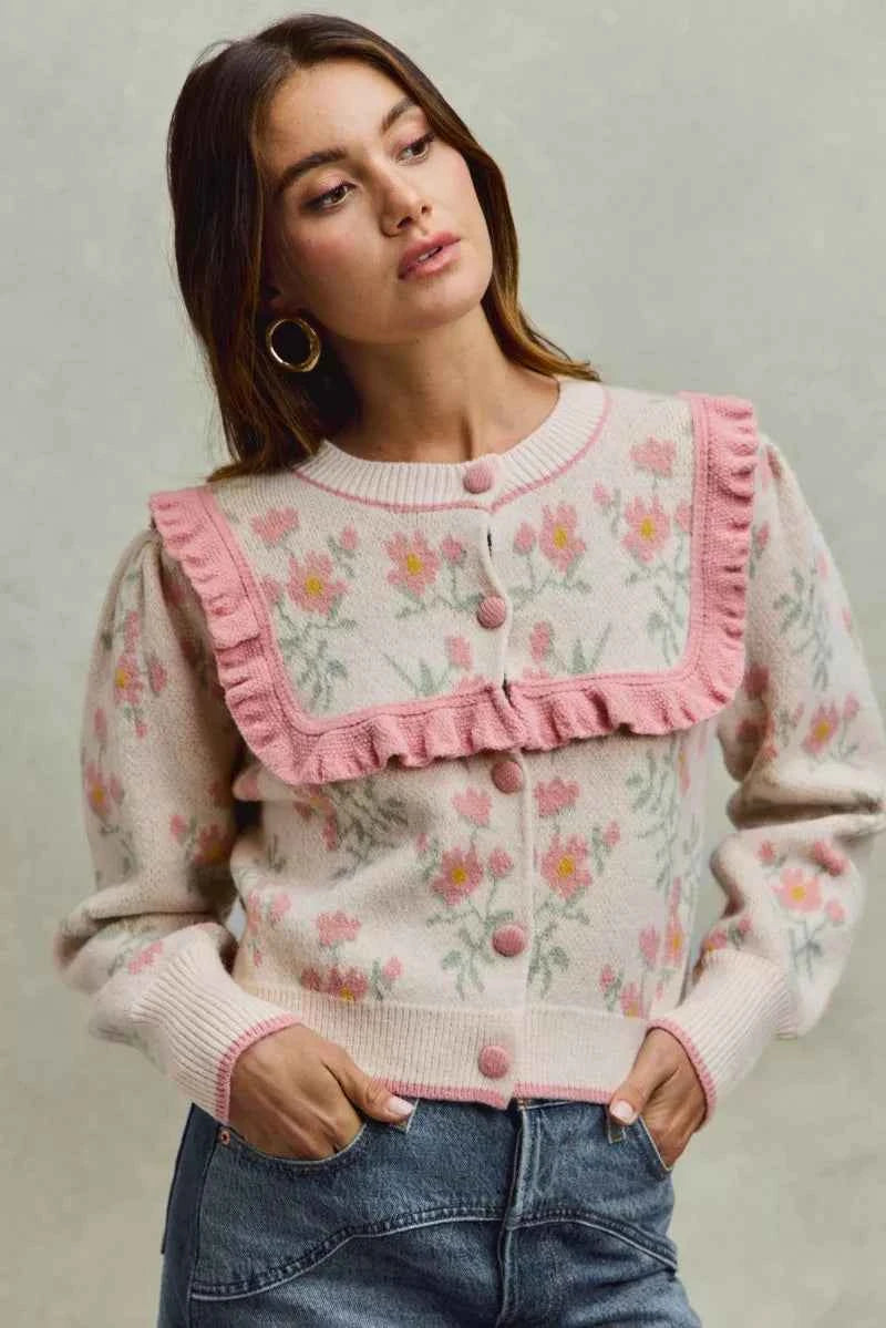 Flower With Ruffle Detailing Sweater Cardigan For Women Trendsi
