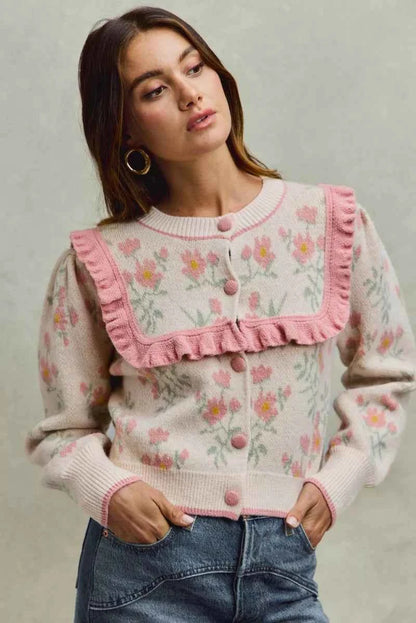 Flower With Ruffle Detailing Sweater Cardigan For Women Trendsi