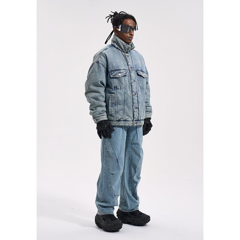 Washed And Worn Mixed Cotton Loose Thickened Denim Jacket For Men null
