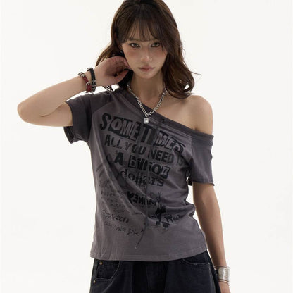 Female American Retro Spicy Girl Letter Slanted Shoulder Short Sleeved T Shirt Grey MuddyStock