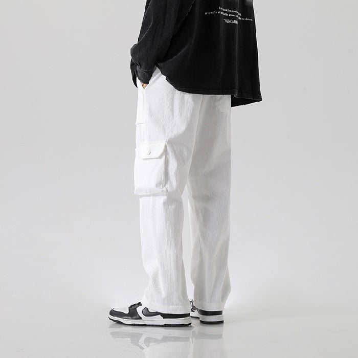 Men's Loose All-matching Corduroy Multi-pocket Straight Cargo Pants White