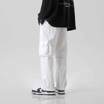 Men's Loose All-matching Corduroy Multi-pocket Straight Cargo Pants White MuddyStock