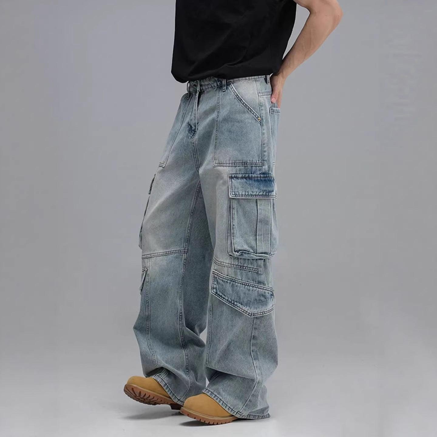 Washed Multi-Pocket Workwear Denim Jeans For Men