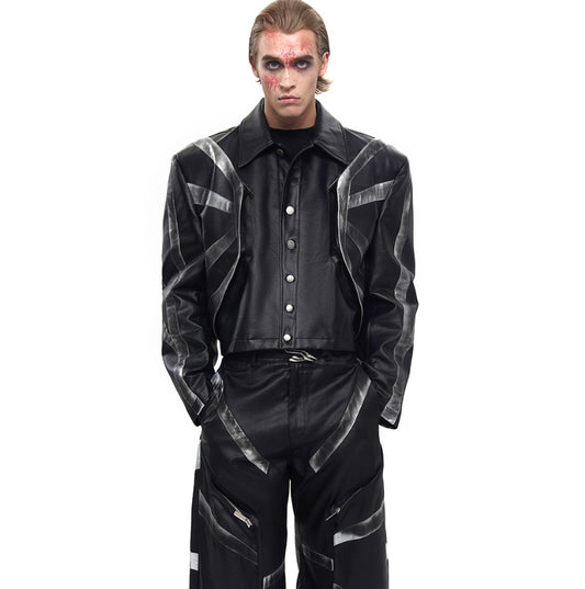Black Dirty Short Leather Jacket and Pants For Men