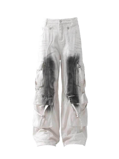 Splash Ink Multi-pocket Cargo Pants Men's Loose White MuddyStock