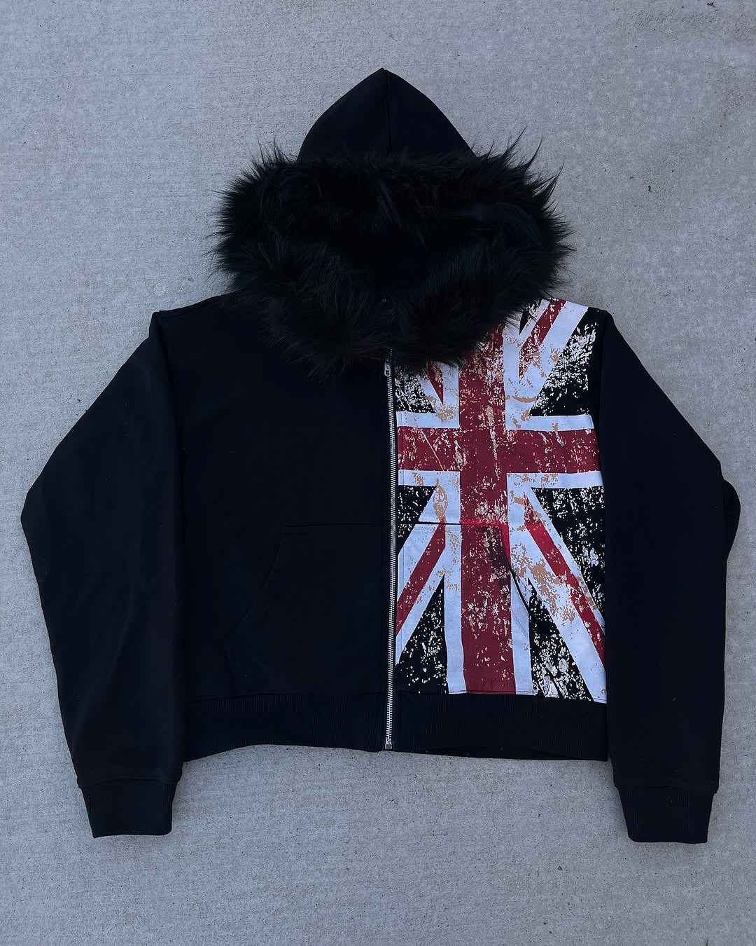 Fur Collar Printed Zipper Hoodie For Men And Women Black MuddyStock