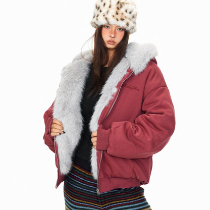 Hooded American High Street Loose Thickened Warm Jacket For Women Wine Red