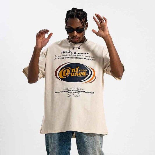 Retro Washed Text Printed Off-shoulder Loose Men's T-shirt MuddyStock