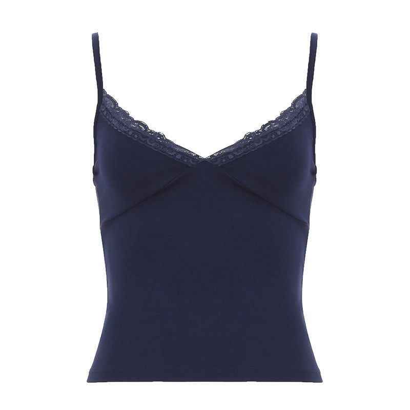 Simple Lace-trimmed V-neck Short Top For Women Dark Blue
