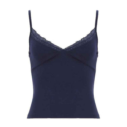 Simple Lace-trimmed V-neck Short Top For Women Dark Blue
