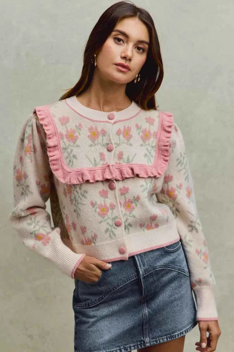 Flower With Ruffle Detailing Sweater Cardigan For Women Trendsi