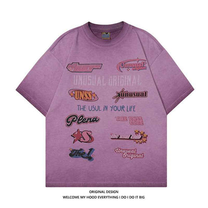 American Retro High Street Letter Printed T-shirt For Men And Women Purple null