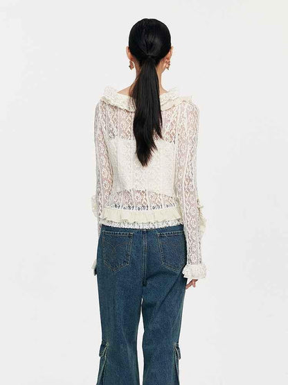 Lace Tie With Fungus Edge Long Sleeved Pullover For Women null