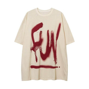 Fashion Graffiti Letter Short Sleeve Women Clothing Apricot