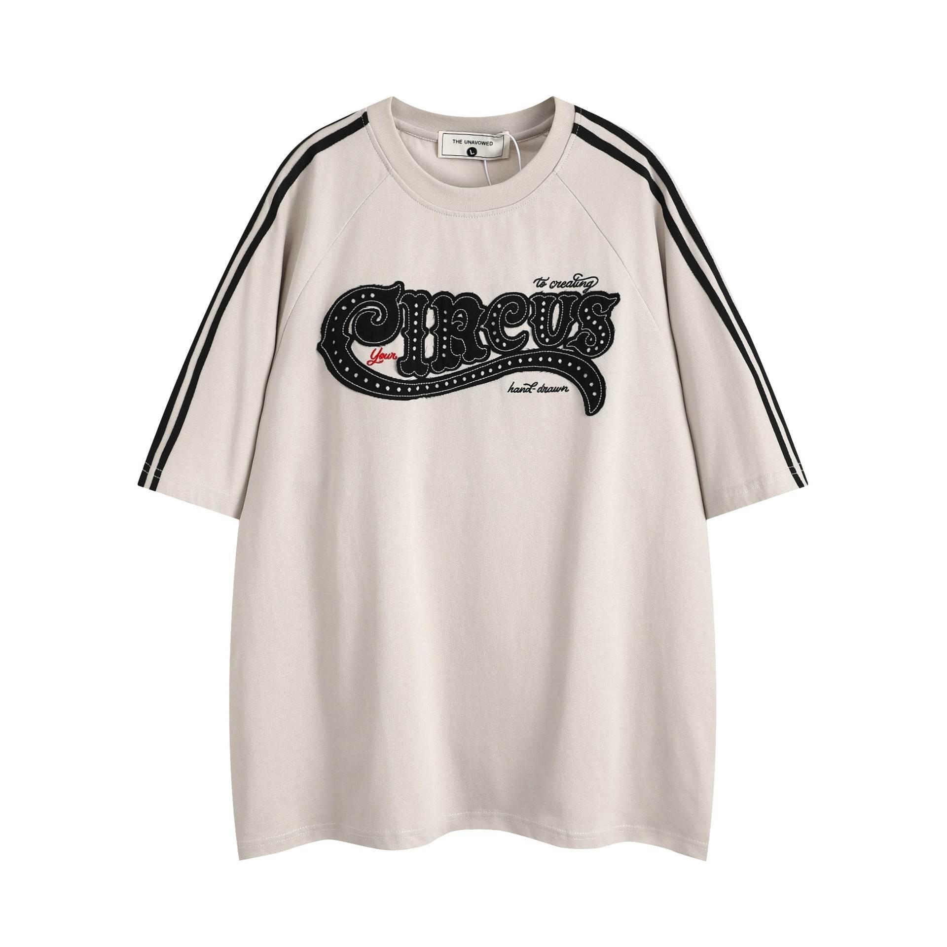 Fashion Letter Patch Embroidered Short Sleeve Men Apricot MuddyStock
