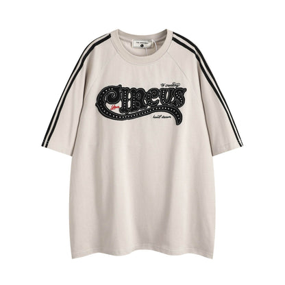 Fashion Letter Patch Embroidered Short Sleeve Men Apricot MuddyStock