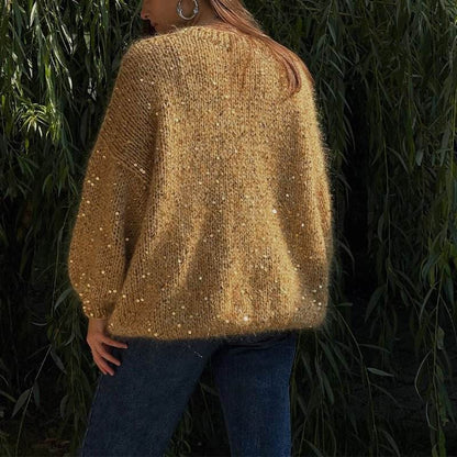 Fashionable sequined sweater, loose round neck lantern sleeve head, knitted sweater | MuddyStock Originals MuddyStock