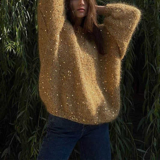 Fashionable sequined sweater, loose round neck lantern sleeve head, knitted sweater | MuddyStock Originals MuddyStock