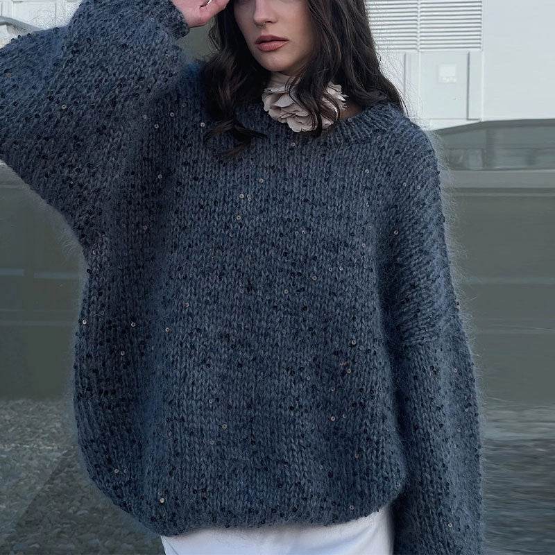 Fashionable sequined sweater, loose round neck lantern sleeve head, knitted sweater | MuddyStock Originals MuddyStock