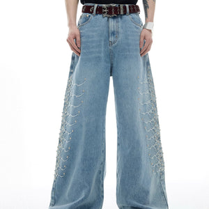 Niche Retro Washed Backbone Rivet Design Jeans For Men BLUE