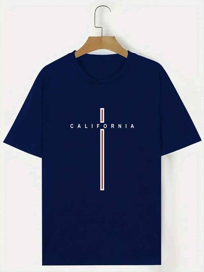 Men's Letter Vertical Line Printing Casual All-match Short-sleeved Sapphire Blue MuddyStock