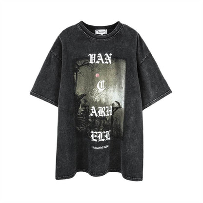 Summer Dark Style Cross Printed Short-sleeved T-shirt Black MuddyStock