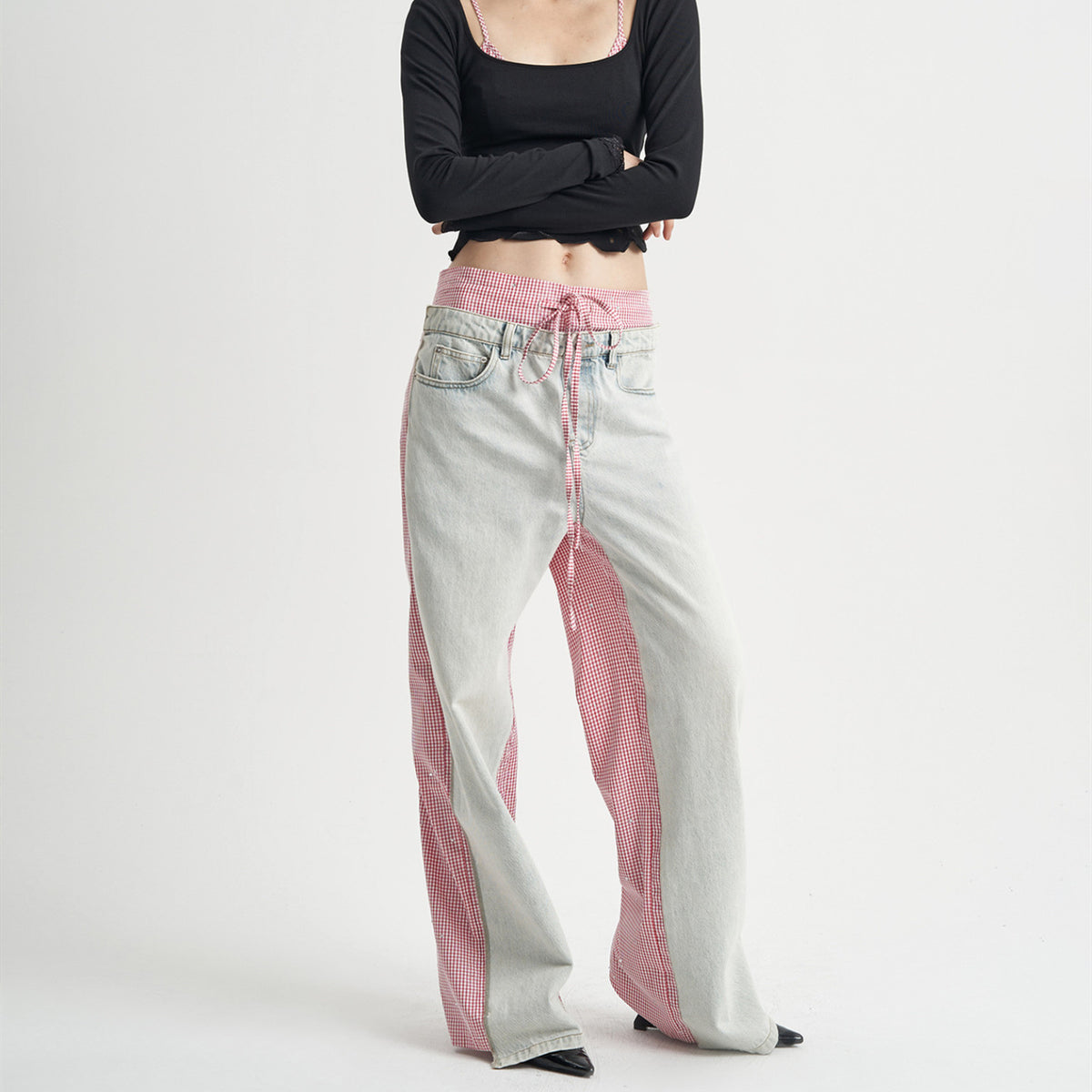 Patchwork Pink Plaid Women's Jeans
