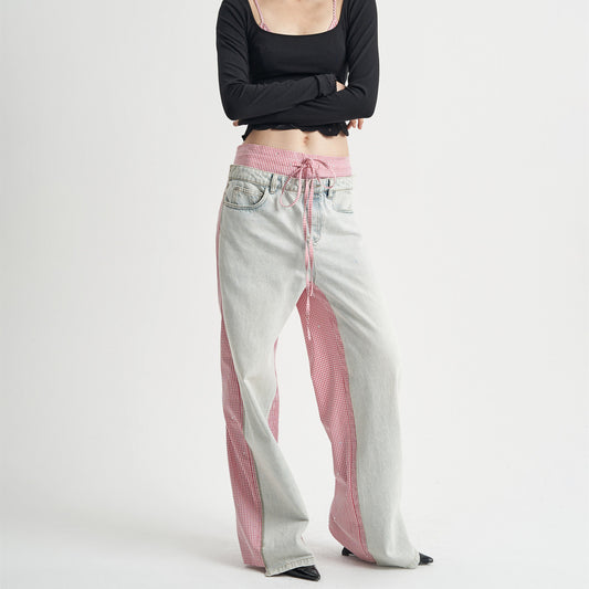 Patchwork Pink Plaid Women's Jeans