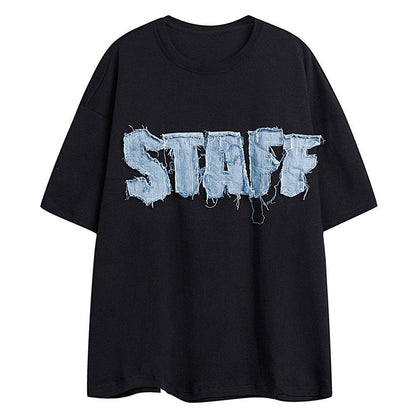 Letter Denim Patch Short Sleeve Clothing Black MuddyStock