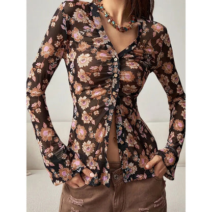Women Button Down Long Sleeve V Neck Ruched Fitted Top MuddyStock