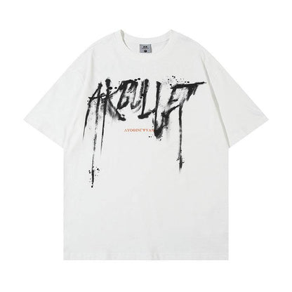 Abstract Graffiti Printed Loose T-shirt For Men And Women White MuddyStock