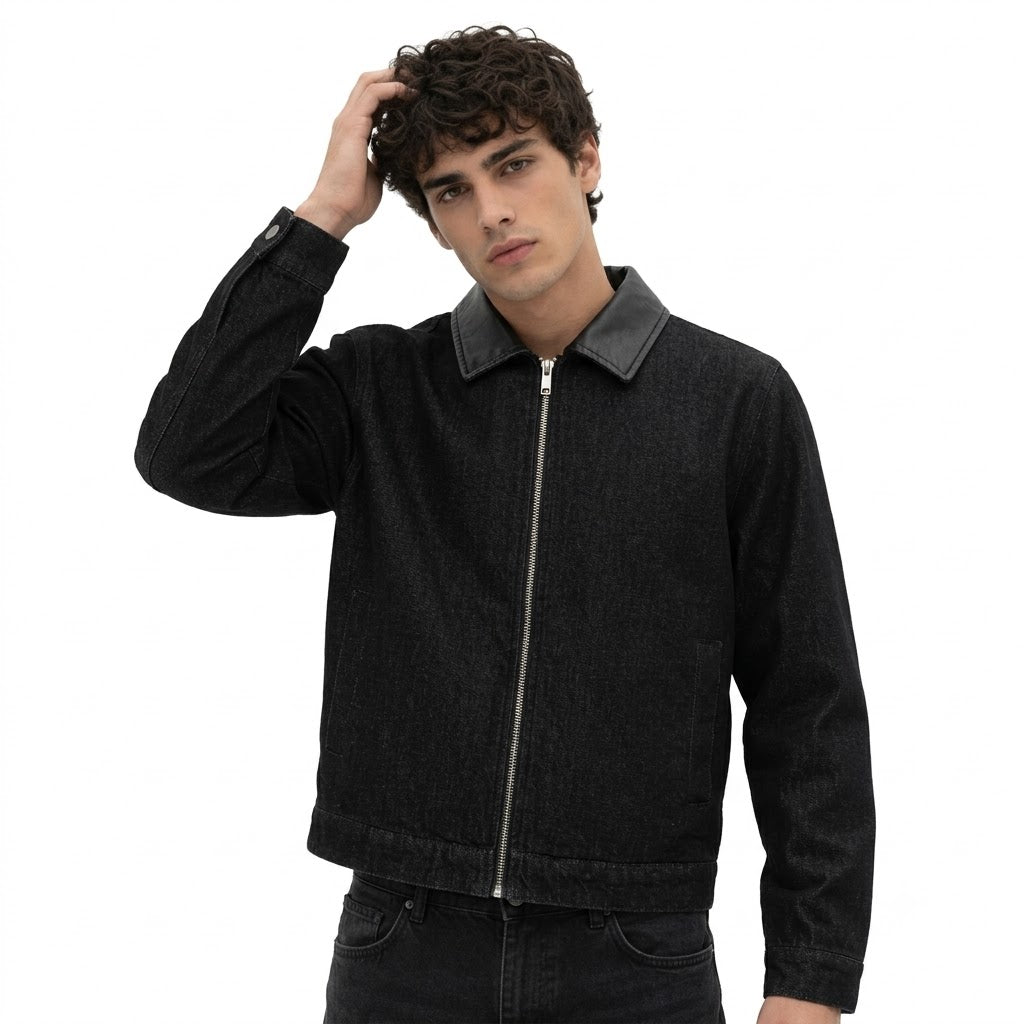 PU Leather Patchwork Burnout Denim Jacket for Men | MuddyStock Originals