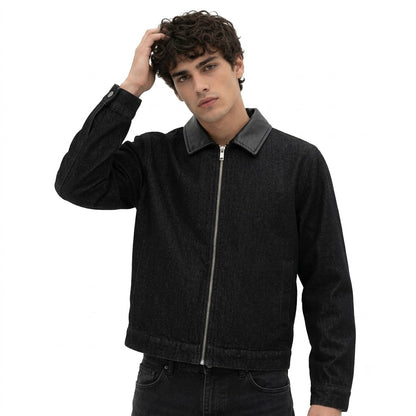 PU Leather Patchwork Burnout Denim Jacket for Men | MuddyStock Originals