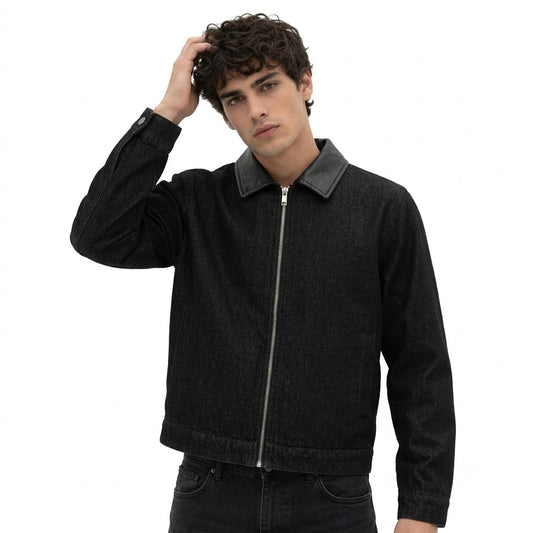 PU Leather Patchwork Burnout Denim Jacket for Men | MuddyStock Originals
