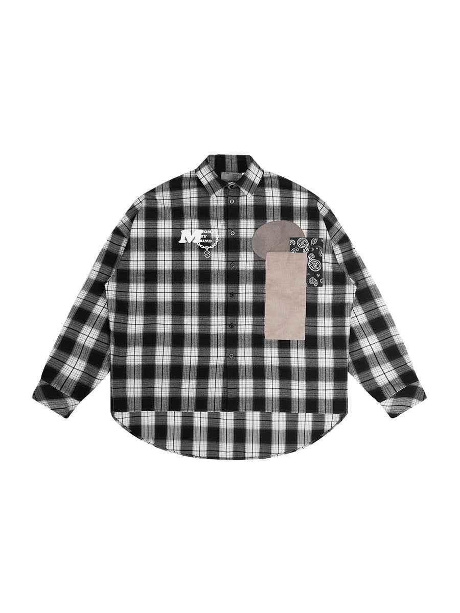 Street Hip Hop Fabric Patchwork Plaid Loose Casual Long Sleeve Shirt For Men Black and white plaid null
