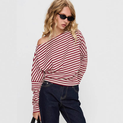 Women's Contrasting-Color Striped Slant-Neck Long-Sleeve Top