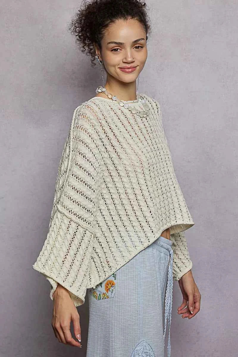 Cable-Knit Openwork Round Neck Cropped Sweater For Women Trendsi