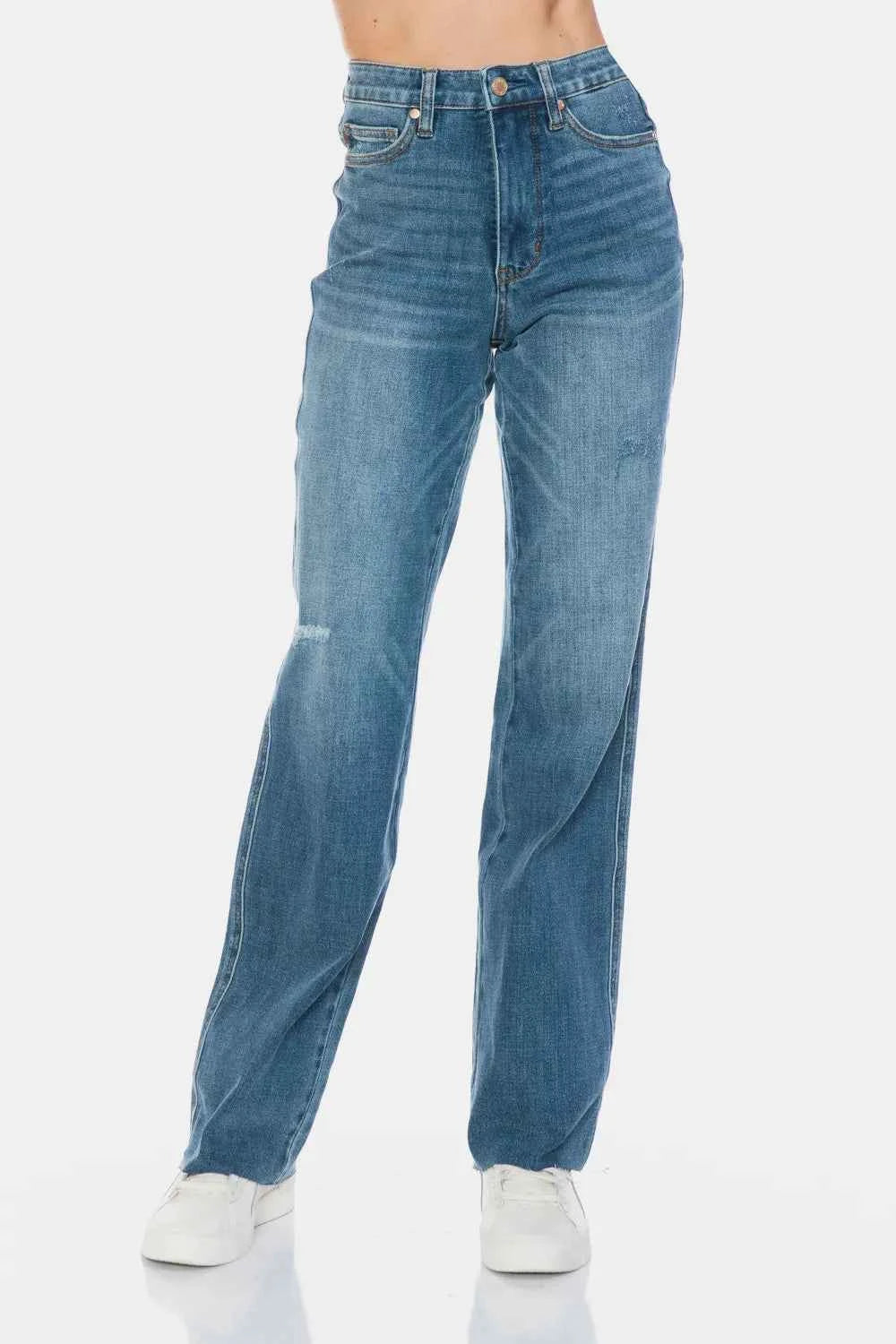 Judy Blue Cut Raw Hem Straight Jeans Medium Trendsi